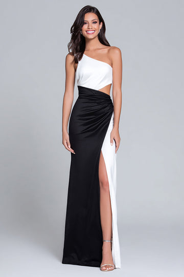 Robe longue formelle découpée en satin noir et blanc fourreau avec fente